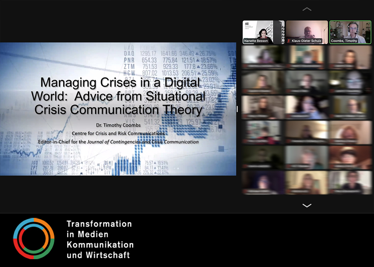 Screenshot von Titelfolie zum Vortrag "Managing Crises in a Digital World: Advice from Situational Crisis Communication Theory"