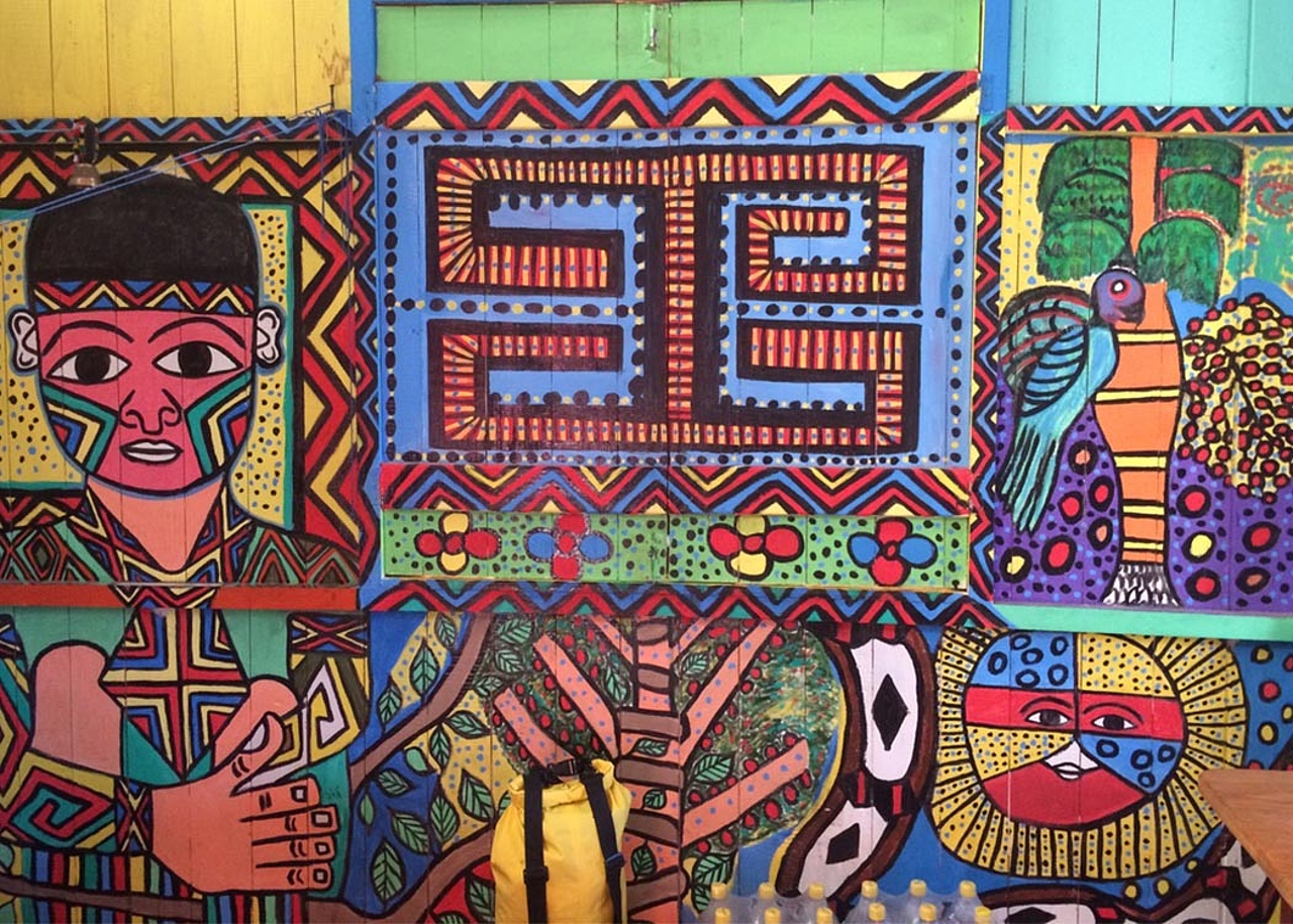 Mural in cultural centre of the Kaxinawa people, Brazil, 2018 (Photo: Hauxita Jergeschew)
