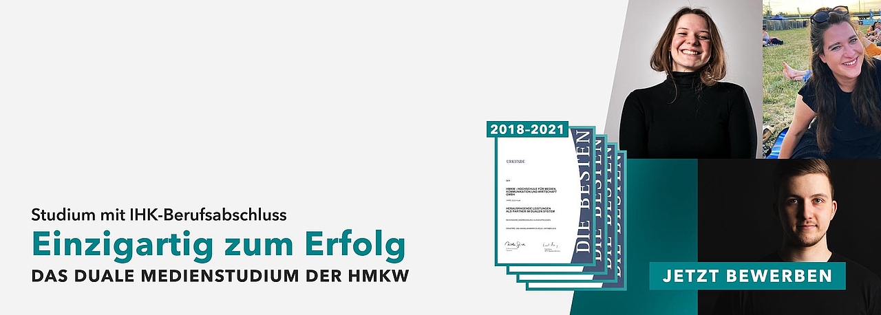 Dual Studierende der HMKW berichten in Testimonials von ihren Erfahrungen; Der HMKW wurden zuletzt vier mal in Folge von der IHK Köln „herausragende Leistungen als Partner im Dualen System“ bescheinigt.